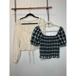 NWT American Eagle Coquette Babydoll Top & Plaid Smocked Top Bundle Size S